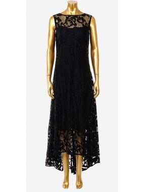 ANNE FONTAINE PARIS Small 38 Black Lace High Low Midi Maxi‎ Dress Floral w/Slip